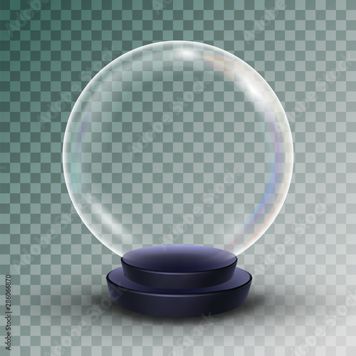 Empty Snow Globe Vector. Shadows, Reflection And Lights. Glass Sphere On A Stand. Isolated On Transparent Background