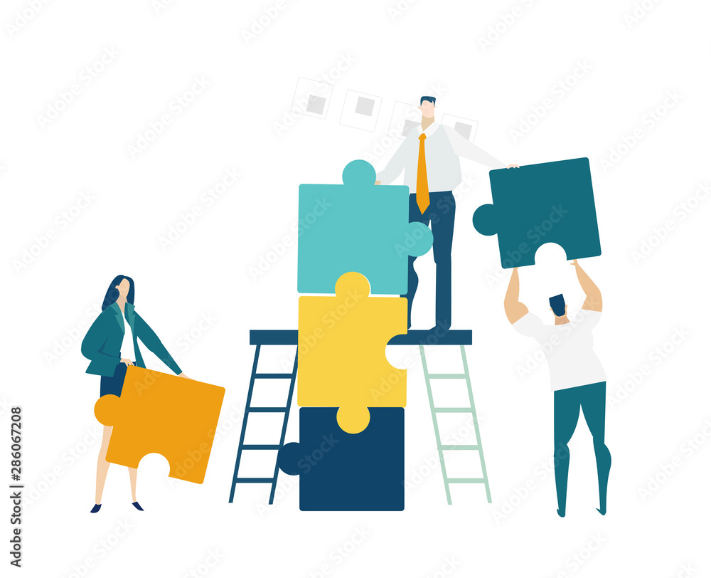 Group of young business people working together with puzzles as symbol of collaborating, solving problems, thinking about creative idea, brainstorming and teamwork concept. Flat style illustration. - obrazy, fototapety, plakaty 
