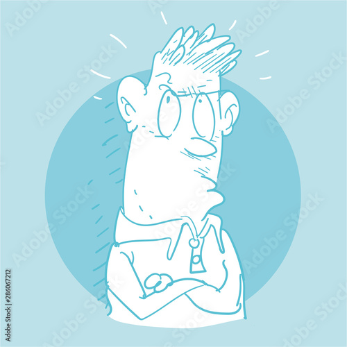 skeptical man thinking about something, free hand drawn doodle, cartoon style vector illustration.
