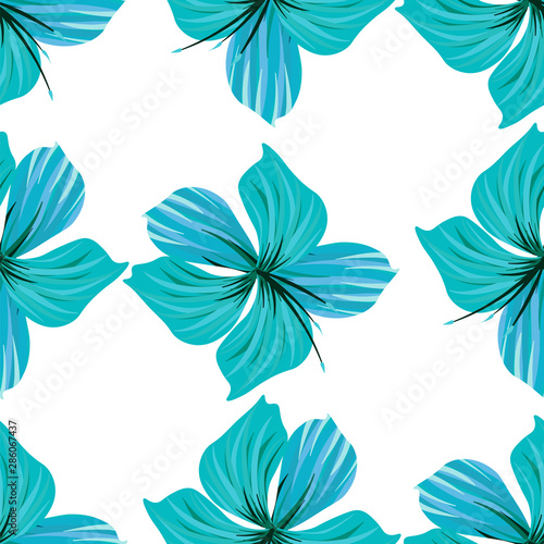 Hibiscus flower. Seamless tropic pattern. Palm background