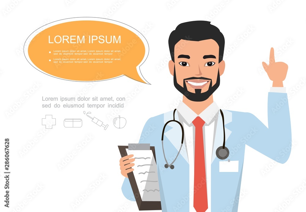 Handsome asian male doctor raising up his finger to give advice or recommendation. Hospital worker speaking with speech bubble and holding clipboard. Handsome asian male doctor raising up his finger to give advice or recommendation. Hospital worker speaking with speech bubble and holding clipboard.