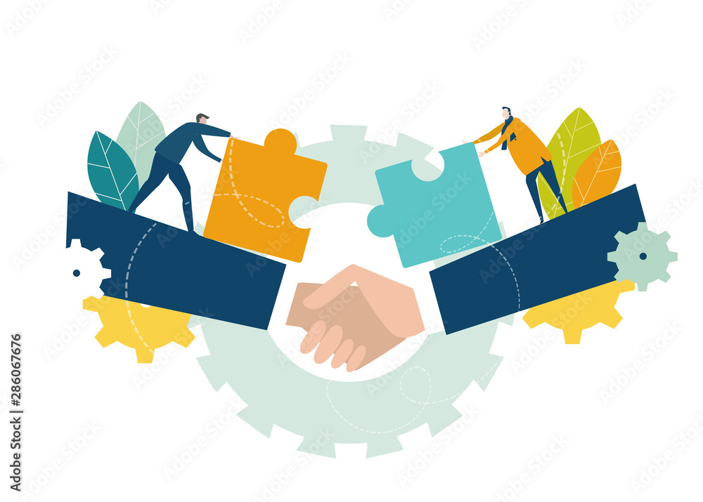 Two young business people working with puzzles as symbol of collaborating, solving problems, thinking about creative idea, brainstorming and teamwork concept. Flat style illustration. - obrazy, fototapety, plakaty 