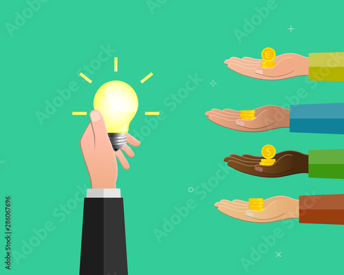 Hand holding light bulb as idea symbol and others raising money as crowdfunding concept.