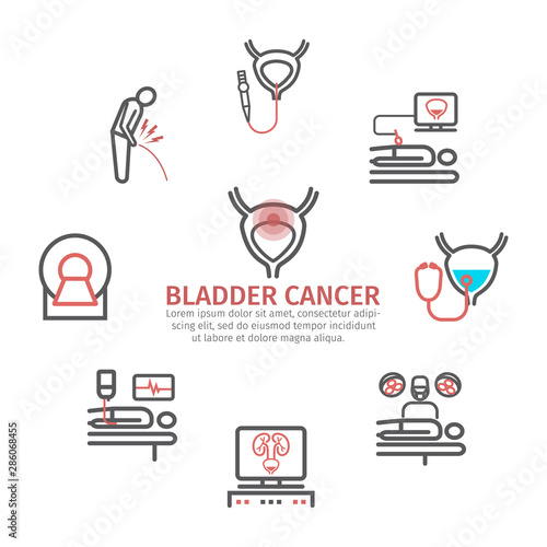 Bladder Cancer banner. Symptoms, Causes, Treatment. Line icons set. Vector signs for web graphics.