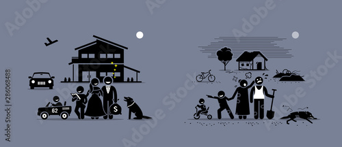 Comparison and difference between rich and poor family. Vector artwork concept depicts the opposite illustrations of wealthy rich and poor people living states and lifestyles.