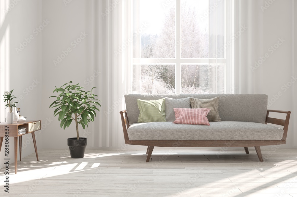 Stylish room in white color with sofa and winter landscape in window. Scandinavian interior design. 3D illustration Stylish room in white color with sofa and winter landscape in window. Scandinavian interior design. 3D illustration