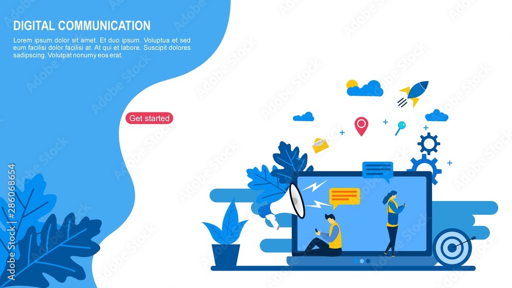 Website or landing page of Digital communication,flat design with Tiny People Character Concept Vector Illustration, Suitable For Wallpaper, Background,Card, banner,Book Illustration, Web Landing Page Website or landing page of Digital communication,flat design with Tiny People Character Concept Vector Illustration, Suitable For Wallpaper, Background,Card, banner,Book Illustration, Web Landing Page