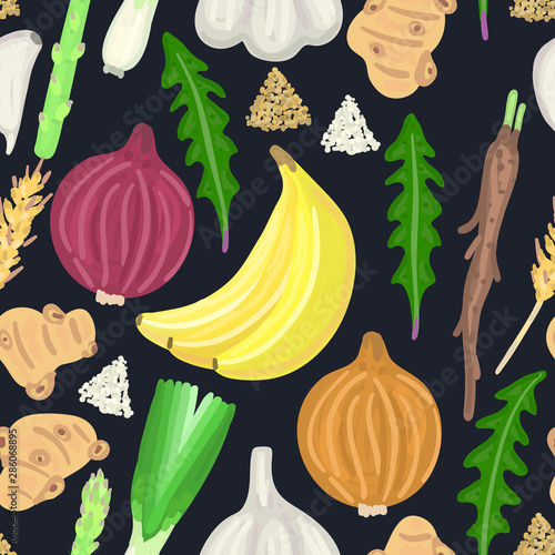 Seamless pattern with prebiotic food. Nutrition. Nondigestible fibers. Gastrointestinal Health. Healthy diet supplement. Card, cover, label, wrapping paper, textile, package. Vector, eps10