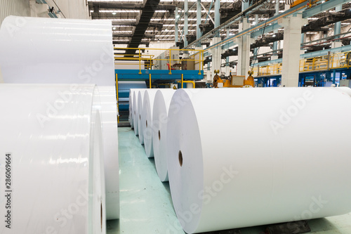 Big White Paper Rolls in a printing plant, recycling of waste paper. photo