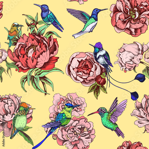 Template for wedding invitation. Card vector illustration with peony and hummingbird.