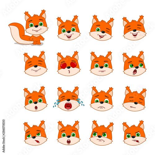 Big set of heads with expressions of emotions of funny little squirrel in cartoon style isolated on white background