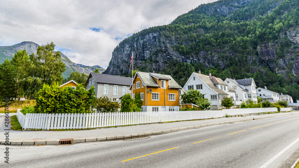 Townscape Sylte or Valldal administrative center of Norddal Municipality, More og Romsdal Norway, with Valldalen valley and shore of Norddalsfjorden