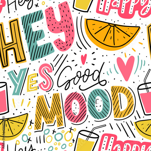 Kids seamless pattern with hand drawn lettering words and colorful illustration for print, kids clothes, textile. Modern funny background.