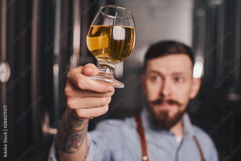Bartender in the apron checks beer quality holding it in front of himself. Bartender in the apron checks beer quality holding it in front of himself.