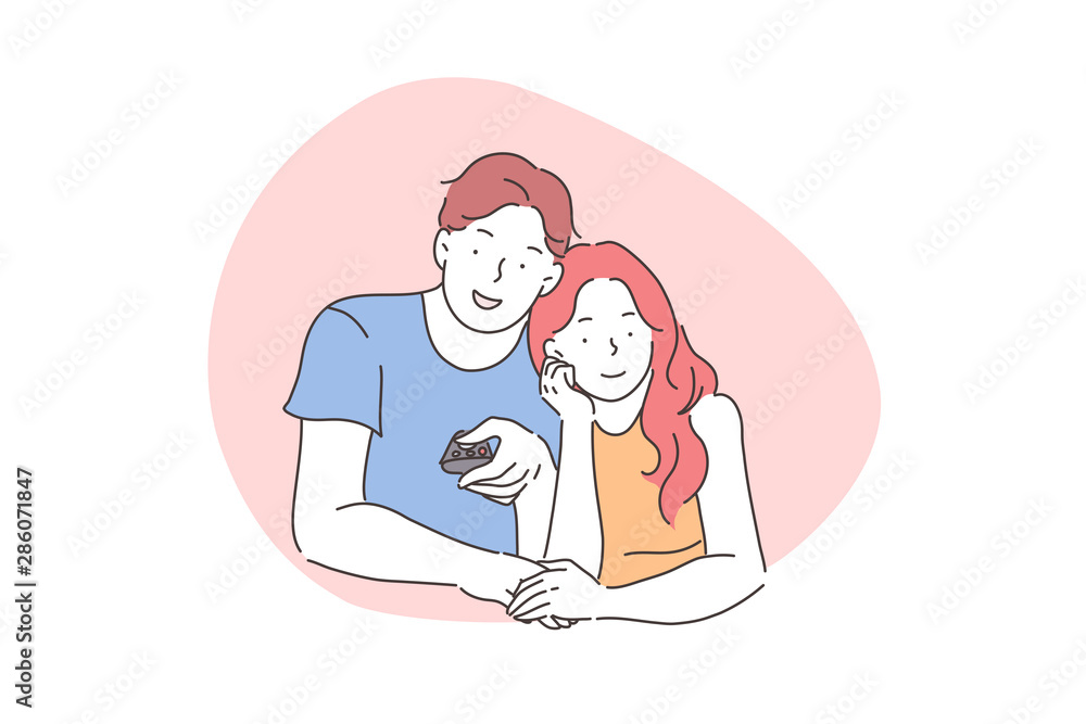 Home watching of cinema concept. A young couple in love watches a film, TV series, movie or video on TV or change channels together. Vector flat design. Home watching of cinema concept. A young couple in love watches a film, TV series, movie or video on TV or change channels together. Vector flat design.