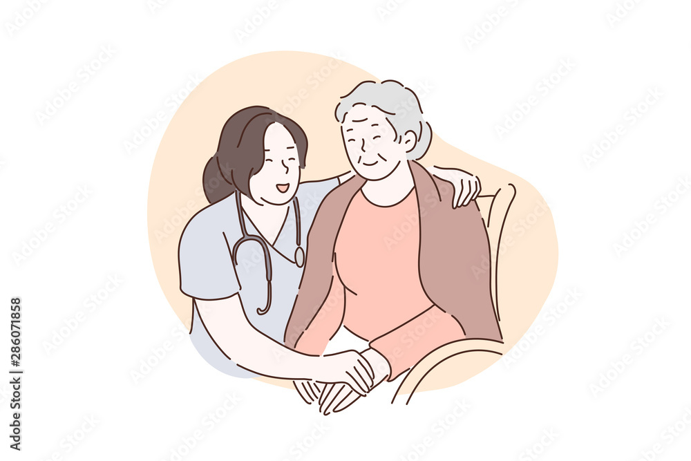 Nursing home, hospital, hospice, rehabilitation concept. Happy old woman holding hands with nurse together. The doctor in the clinic takes care, helps and supports patients. Vector flat design. Nursing home, hospital, hospice, rehabilitation concept. Happy old woman holding hands with nurse together. The doctor in the clinic takes care, helps and supports patients. Vector flat design.