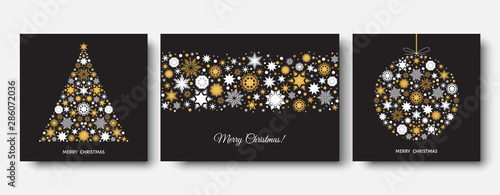  Christmas and  New Year black background with gold snowflakes.