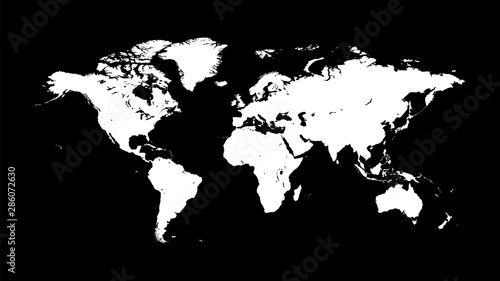Silhouette of a white world map on a dark black background with the most accurate outline. Template option for use in an industrial interior.