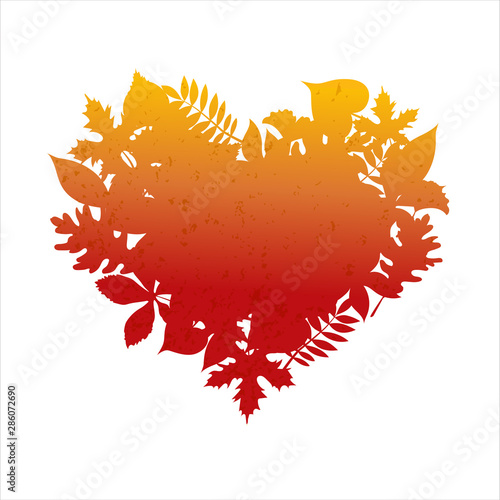 Vector illustration of heart shaped text frame from red and orange autumn fall leaves. Seasonal design. Template for placard, greeting postcard, design, flyer, presentation, web banner. Texture