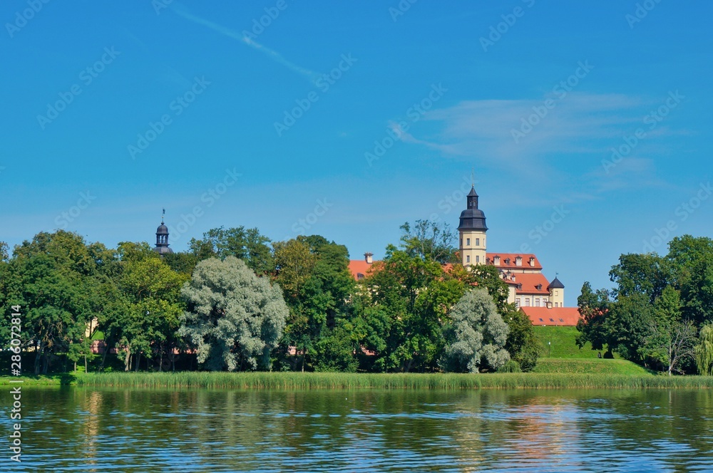Obraz premium Aerial view of Nesvizh castle in Belarus