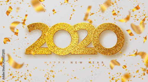 Merry Christmas and Happy new year 2020 banner with golden luxury numbers and serpentine. Gold Festive Numbers Design. Vector illustration