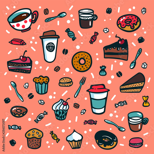 Coffee background. Colorful doodle style cartoon set of objects on coffee the...