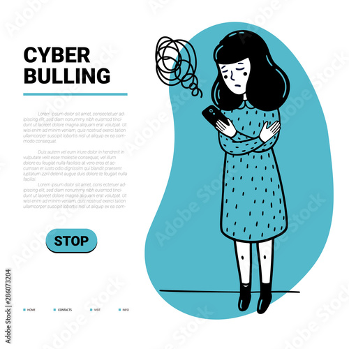 Cyber bulling web template. Sad girl reading mean abusive text messages on her phone and place for text. Flat style vector illustration on white background