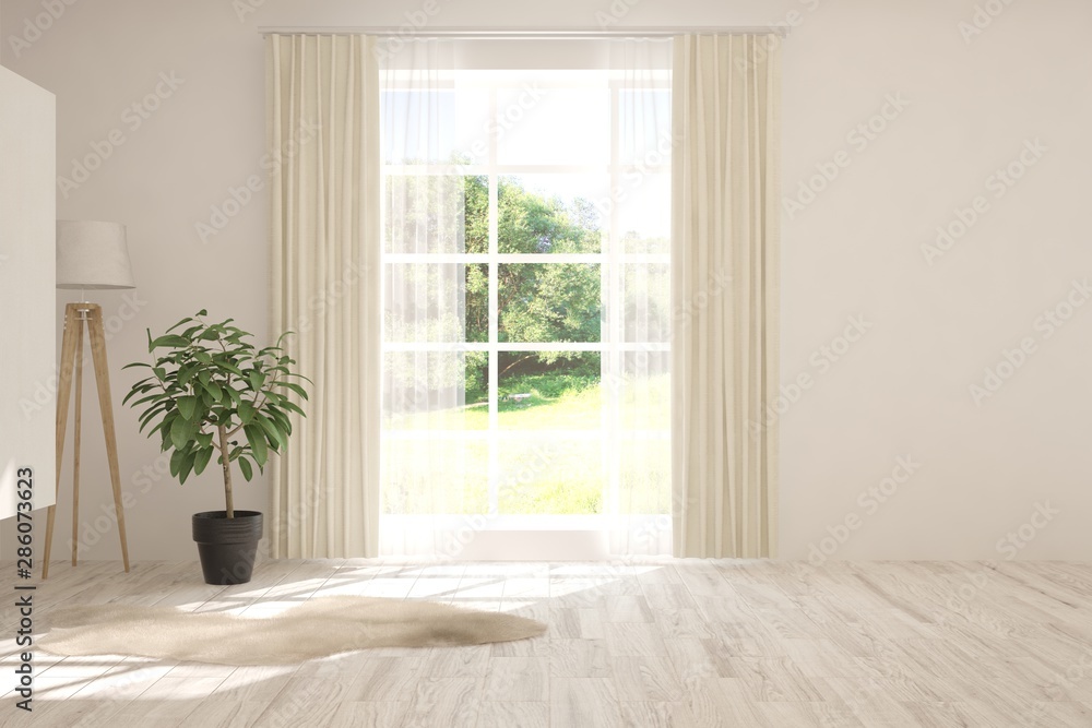 Stylish empty room in white color with summer landscape in window. Scandinavian interior design. 3D illustration Stylish empty room in white color with summer landscape in window. Scandinavian interior design. 3D illustration