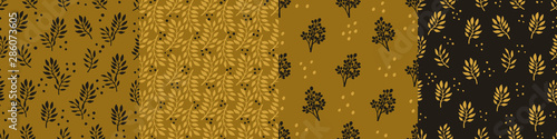 Set trendy seamless patterns with hand drawn decorative flowers in ocher gold...