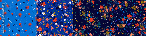 Set trendy seamless patterns with hand drawn decorative flowers in blue and red shades. Floral vector patterns for textile, print, gift wrap, manufacturing.
