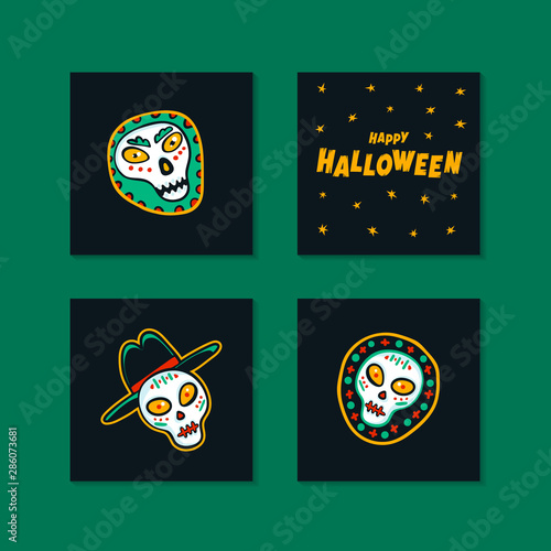 Set of Halloween holidays mini cards with handwritten calligraphy greetings a...