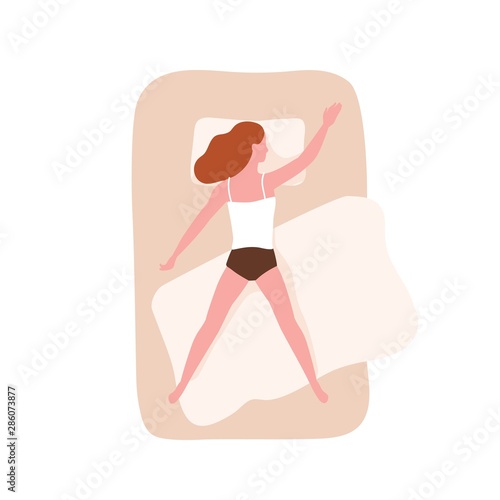 Young woman sleeping on her stomach at night. Cute female character falling asleep at home. Funny girl lying on comfortable bed and doozing. Top view. Flat cartoon colorful vector illustration.