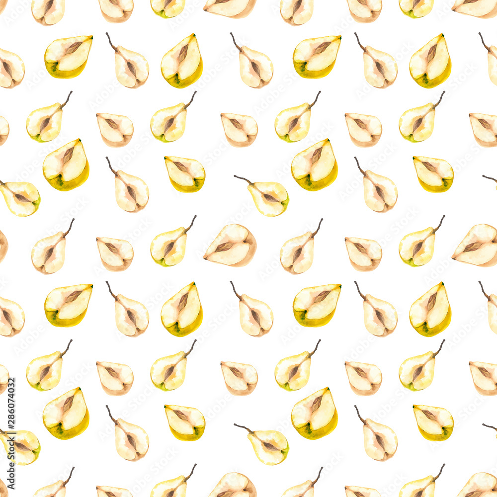 Watercolor botanical illustration. Chinese pear seamless pattern Watercolor botanical illustration. Chinese pear seamless pattern
