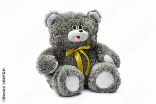 Image of black toy teddy bear sitting at isolated white background.