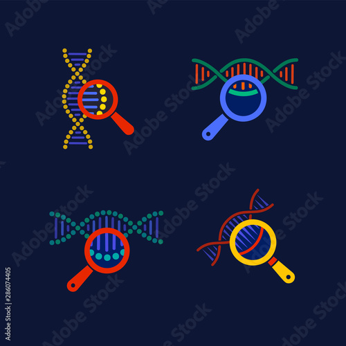 DNA testing icons set. DNA chain in magnifying glass sign. genetic engineering, cloning, paternity testing, DNA analysis. Vector illustration on dark background.