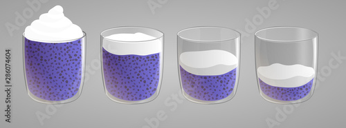 Set of chia seed blueberry pudding with whipped cream.