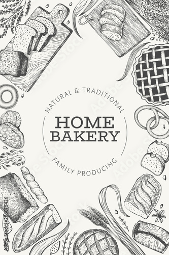 Bread and pastry banner. Vector bakery hand drawn illustration. Vintage design template.