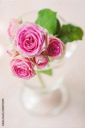 Romantic background: a branch of roses in a glass. A festive concept for Valentine's Day, wedding, birthday, a significant date