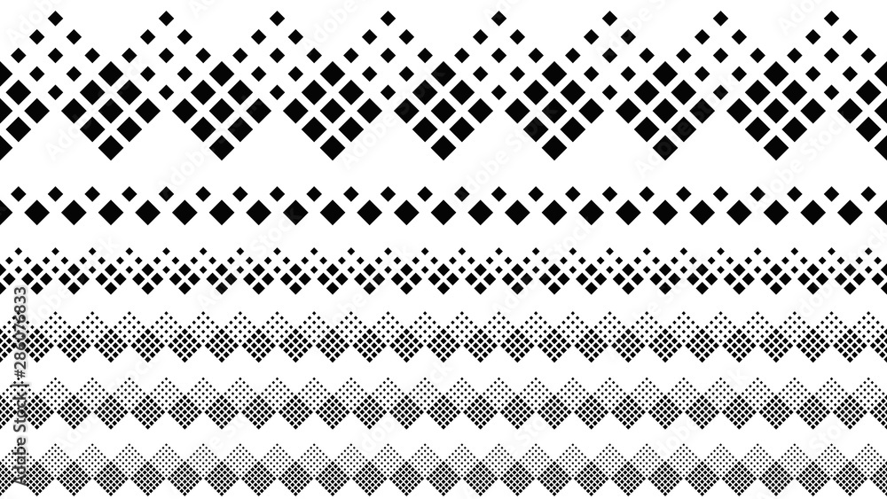 Repeating geometrical square pattern page break set - abstract monochrome vector graphic elements from diagonal squares Repeating geometrical square pattern page break set - abstract monochrome vector graphic elements from diagonal squares