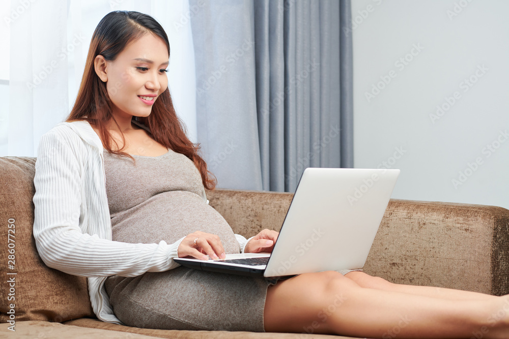 Pretty young Asian pregnant woman in wool dress sitting on sofa and working on laptop at home Pretty young Asian pregnant woman in wool dress sitting on sofa and working on laptop at home
