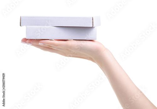 White box in hand on white background isolation