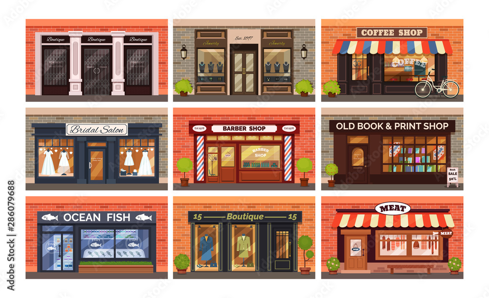 Retro shop store facade with storefront large window, columns and brick wall set. Facade residential building front view jewelry barber boutique wedding seafood book coffee shop. Vector illustration Retro shop store facade with storefront large window, columns and brick wall set. Facade residential building front view jewelry barber boutique wedding seafood book coffee shop. Vector illustration