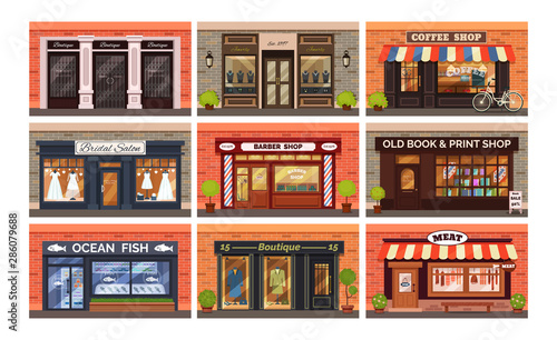 Retro shop store facade with storefront large window, columns and brick wall set. Facade residential building front view jewelry barber boutique wedding seafood book coffee shop. Vector illustration photo