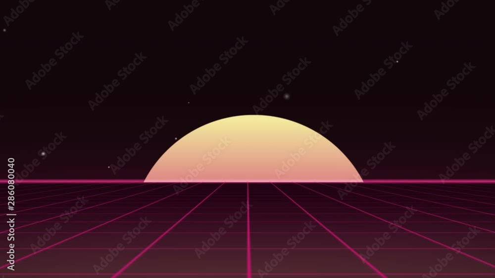 80's Retro futuristic background with glitch effect. Motion above light grid surface. Beautiful animation with neon lights. Synthwave and retrowave stylization. 80's Retro futuristic background with glitch effect. Motion above light grid surface. Beautiful animation with neon lights. Synthwave and retrowave stylization.