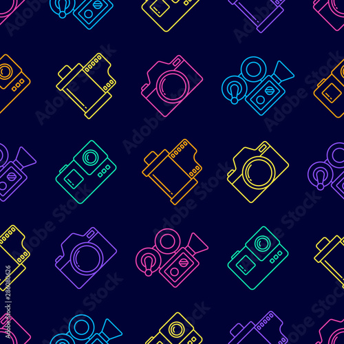 Vector photography camera, cinema or movie camera set outline seamless pattern background.