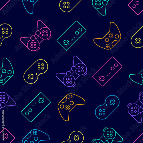 Vector video game and esport device set outline seamless pattern background.
