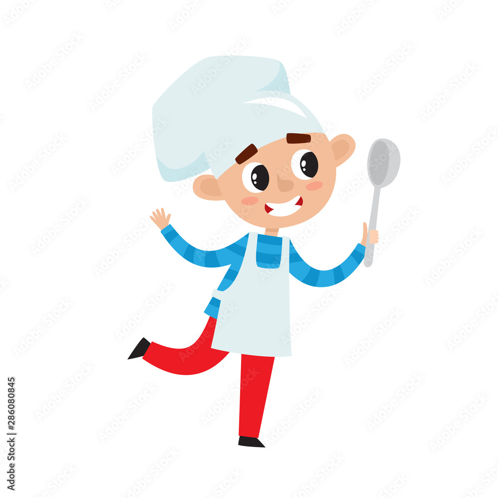 Chef boy in uniform cooking isolated on white Chef boy in uniform cooking isolated on white