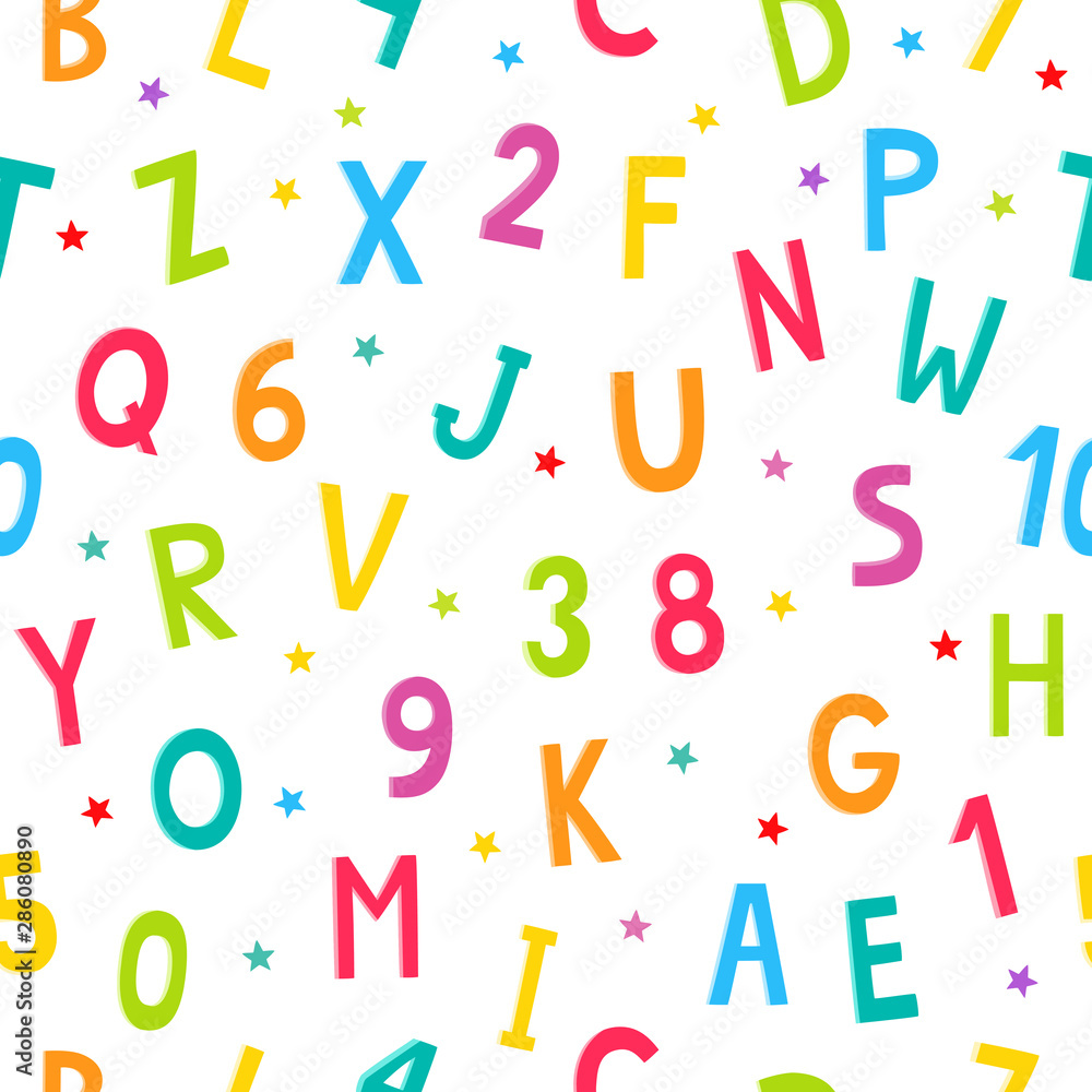 Fototapeta premium Alphabet, number cartoon pattern with stars isolated on white.