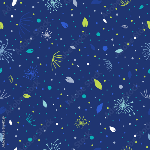 Bright blue hand drawn floristic vector seamless pattern