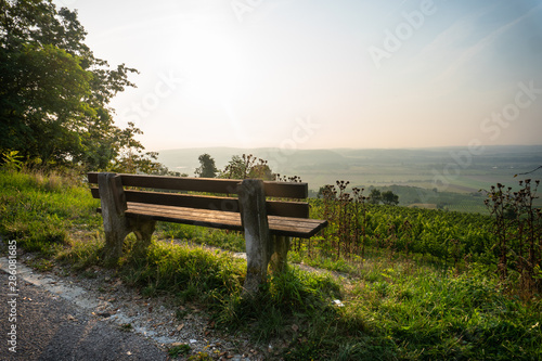 Sunrise Landscape with a bench in the Foreground, Light shines threw the Bench, Wine Area Background